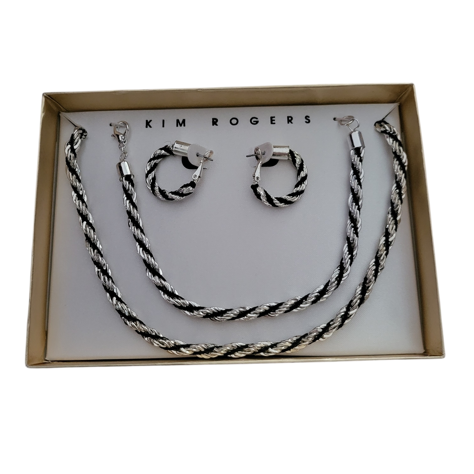Kim Rogers Silver & Black Rope Jewelry Set Necklace Bracelet Earrings Nib